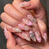24 Pcs Valentines Day Press On Nail French Tip False Nail Almond Shape Full Cover Stick on Nail 3D Bows Acrylic Nail 1
