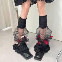 Flower Lace Mesh Splicing Leg Sleeves Y2K Harajuku Layered Ruffle Boot Cover Cuffs Kawaii Lolita JK Sheer Leg Warmers 35-39 juoda