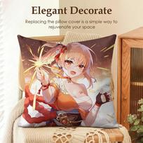 Yoimiya Genshin Impact Cute Cushion Cover Natural Linen Organic Fabric Double-Sided Printing Sofa Home Decor Gift Pillow Case Peach skin 18*18(CM)-1Pcs