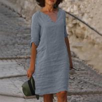 Moteriška lengva vasarinė suknelė Midi vasaros paplūdimio suknelė Boho suknelė V formos iškirpte Vasarinės suknelės Elegantiška suknelė XXXL pilka spalva
