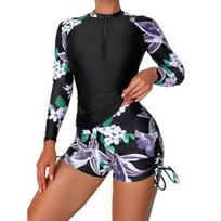 2 Pcs/Set Women Swimsuit Beach Top Shorts Set Round Neck Zipper Closure L