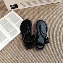Summer new fashion flat-bottomed herringbone sandals women's toes T-shaped Velcro soft-soled cool slippers casual beach shoes 35 juoda