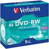 Verbatim DVD-RW Blank Media 4.7GB 4x 5-Pack Jewel Case