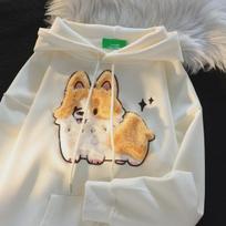 Corgi Embroidered Fleece Hoodie for Women - Autumn/Winter 2024 Loose Fit Couple's Pullover M šviesios abrikoso spalvos