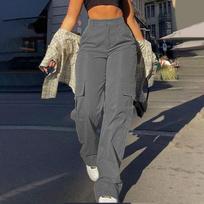 Women's Street Fashion Multi-Pocket Cargo Straight Leg High Waist Slim Fit Work Pants S tamsiai pilka spalva