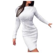 Žieminė pliušinė šilta megztinė suknelė moteriška ilgomis rankovėmis suknelės su apvaliu kaklu vakarėliui skirta Bodycon mini suknelė XXXL balta