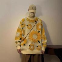 Saulėgrąžų ir elnių megztas megztinis: Unisex retro laisvas megztinis rudeniui/žiemai. 3XL abrikosas