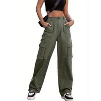 European and American multi-pocket tooling casual pants children loose and thin trend wide-leg trousers XS armijos žalia spalva