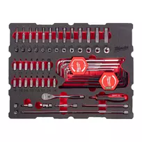 Milwaukee lizdų ir raktų rinkinys PACKOUT™ su stalčiais įrankių dėžėse 1/4" 68 dalių