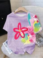 26 Womens Colorful Y2K Dopamine Floral Print Loose short sleeveT-Shirt Girl Round Neck Tee Outdoor Sports Adult Women's T-Shirt S