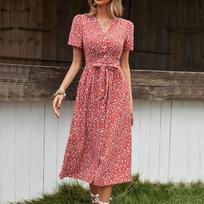 Retro sweet summer v-neck floral split dress S raudona