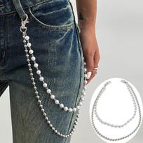 Charm Trendy Sliver Color Heart-shaped Cross Pendant Imitation Pearl Beaded Waist Chain Jeans Chain for Women Body Chain Jewelry