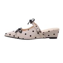 Polka dot bow pointed head bag head half slippers women's spring and summer outer wear feeling wedge heel single shoes 34