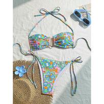 Sexy Halter String Bikini Mini Micro Thong Sexy Swimsuit Women Blue Flower U Shapped Swimwear Bathing Suit Bikinis Sets S mėlyna