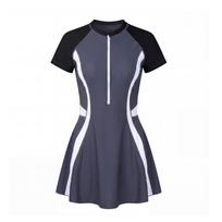 2026 Conservative High-Waisted Zip Skirted Swimsuit: Short-Sleeved Two-Piece Beachwear for Women L pilka spalva