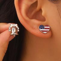 U.S. Independence Day Bell Pendant Necklace Asymmetrical Heart Stud Earrings Necklace Set for Women Festival Celebration Jewelry