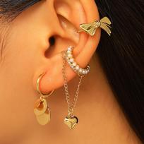3pcs Set New Gold Color Bow-shaped Pearl Heart Tassel Chain Fake Piercing Clip Earrings for Women Personality Ear Cuff Jewelry