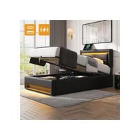 Minkštas lovos rėmas 90x190 cm - Juodas - USB prievadas - LED apšvietimas - Įmontuota daiktadėžė juoda