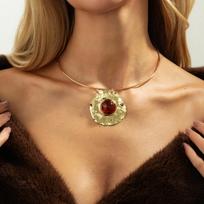 Luxury Fashion Liquid Metal Pleated Circular Resin Imitation Gemstone Pendant Metal Collar Necklace Earrings for Women Jewelry