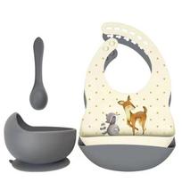 Silikoniniai seilinukai ir dubuo su siurbtuku - Deer & Raccoon Gray Blue