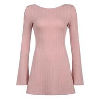 Women's U-word Backless Sexy Slim-fit Solid Color Slightly Pulled Long-sleeved Dress S rožinė