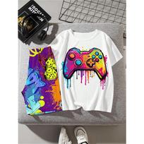 Tween Boy Casual And Simple Gaming Console Patterned Short Sleeve T-Shirt And Shorts Set, Suitable For Summer 110