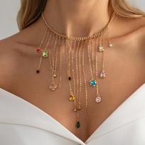Colorful Heart Crystal Pendant Necklace Metal Tassel Chain Fashion Neck Accessories for Women