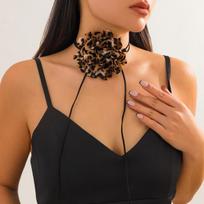 Sexy Spicy Girl Leopard Print Stereoscopic Flowers Black Rope Knot Choker Necklace Broochs for Women Trend Designer Jewelry Gift