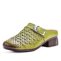 Real cowhide summer new woven bag head slippers women's fashion versatile middle heel wear cool slippers mother shoes 35