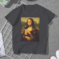 Mona Lisa Dinking Women Clothing Beer Lover Gift Graphic Unisex Tshirts Vintage Alternative Loose Tops Kawaii Girls Streetwear L
