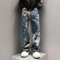 Spring New Style Chessboard Plaid Mosaic Jeans Men's Jacquard Loose Wide-leg Pants M mėlyna