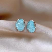 Blue Jelly Ice Geometric Bean Stud Earrings Irregular Smudging Resin Cute Unique Jewelry Gift for Women