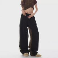 2024 Leopard Print Wide-Leg Sports Casual Pants with Side Stripes and Distressed Detailing. Medium juoda
