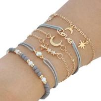 6pcs Set Vintage Heart Moon Star Bracelet for Women Men Charm Stone Bead Gold Color Crystal Rope Bangle Jewelry Accessories Gift