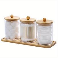 Clear Cotton Swab Holder with Vanity Tray 10oz Bathroom Organizer for Q Tips Cotton Balls and Pads Dispenser Jar