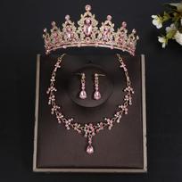 3pcs/set Luxury Bridal Jewelry Sets Crystal Water Drop Tiaras Crown Necklace Earrings Silver Color Sparkling rožinė