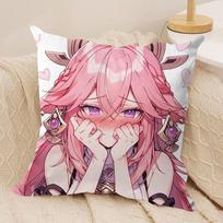 Yae Miko Genshin Impact Cushion Cover Silky Short Plush Invisible Zipper Dustproof Sofa Pillow Case For Home Decor Peach skin 18*18(CM)-1Pcs