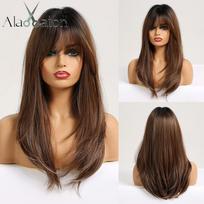 ALAN EATON Sintetiniai perukai juodoms moterims Afro Long Straight Ombre Black Brown Ash Blonde perukas su kirpčiukais Cosplay sluoksniuotas perukas