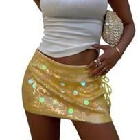 Women Mini Skirt High Waist Side Lace-up Design Short Skirt Shiny Sequins Hip Wrapped Skirt Sexy Party Skirt S