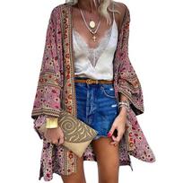 Moteriški megztiniai vasariniai atviri priekyje Bohemiška gėlėmis marginta palaidinė kimono laisvalaikio laisvi paplūdimio palaidinės senoviniai ilgomis rankovėmis blusai S rožinė