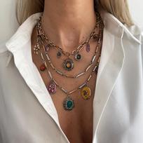 Retro Ethnic Style Colored Flower Gemstone Multiple Pendant Multi-layer Necklace for Women Luxury Fold Wear Collar Chain Jewelry
