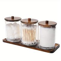 Clear Bathroom Containers Dispenser for Storage Box 3pcs 10 Oz Cotton Swab/Ball/Pad Holder with Vanity Tray, Qtip Apothecary Jar
