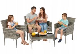 Lauko baldų komplektas: 4 vietų sofa, 2 krėslai, stalas, pagalvėlės terasai