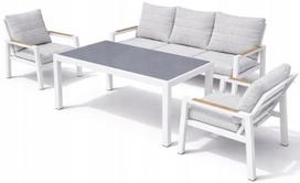 Sodo baldų komplektas: modulinė aliuminio sofa, stalas ir 2 krėslai, balti