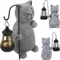 Katės statulėlė su saulės žibintu, 20 cm, pilka, BEDEE