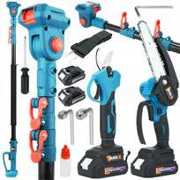 Akumuliatorinės genėjimo žirklės ir pjūklas MEGA SET, 21V, 2 m kotas, 2 akumuliatoriai, įkroviklis, juodos