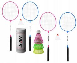 Badmintono rinkinys: 4 raketės ir 5 nailoniniai kamuoliukai