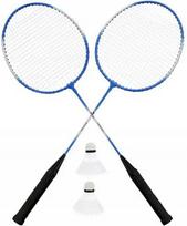 Badmintono rinkinys: 2 mėlynos Dunlop raketės, 2 plunksniniai kamuoliukai, Slazenger dėklas