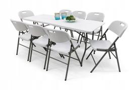 Lauko valgomojo komplektas BANQUET: stalas 240x76 cm, 8 balti sulankstomi kėdės