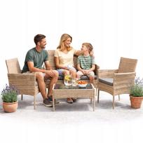 Sodo baldų komplektas: rataninė sofa, 2 krėslai, stalas, smėlio spalvos pagalvėlės